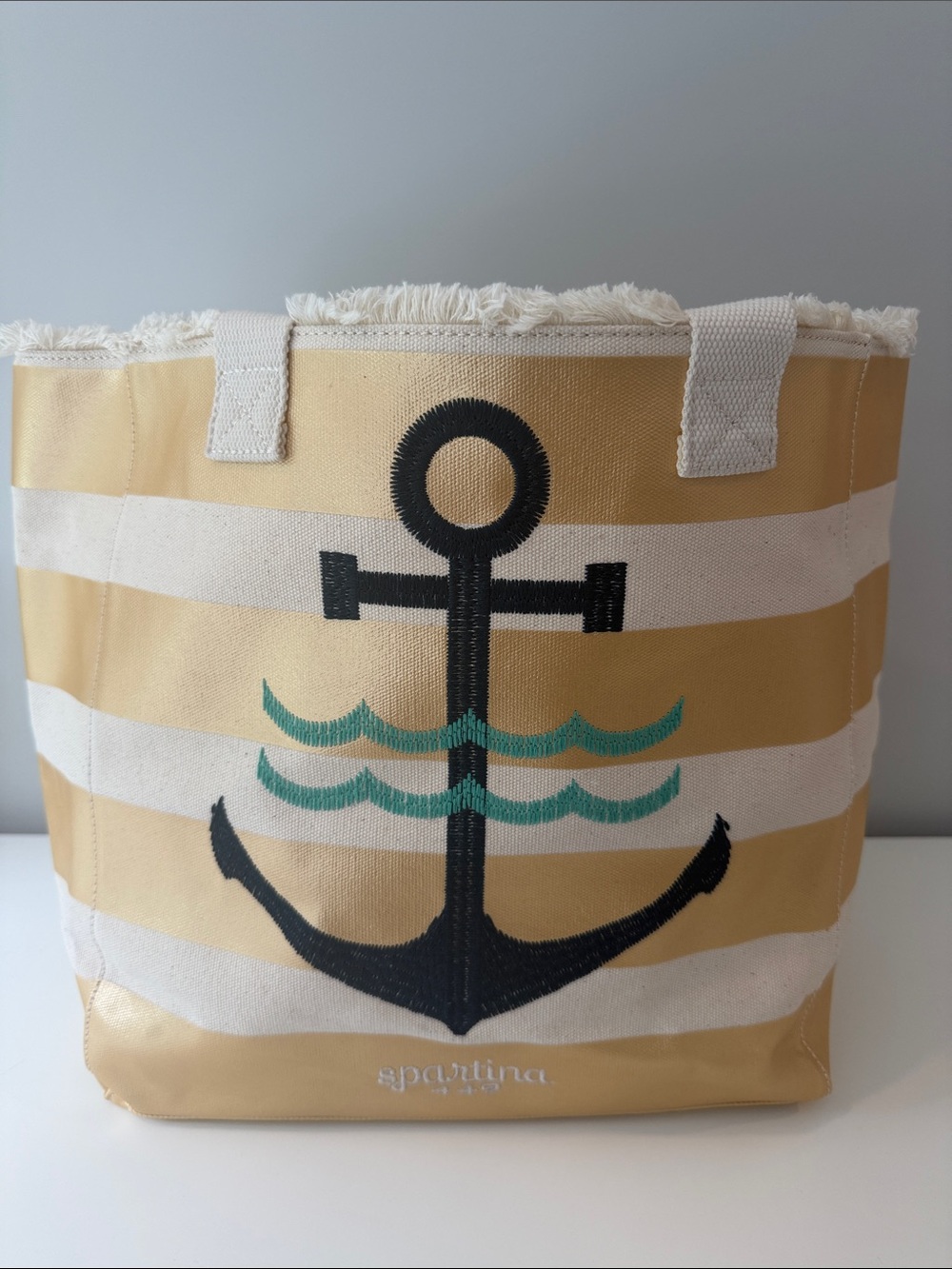 Spartina 449 Striped Canvas Tote with Gold and Cream with navy anchor
